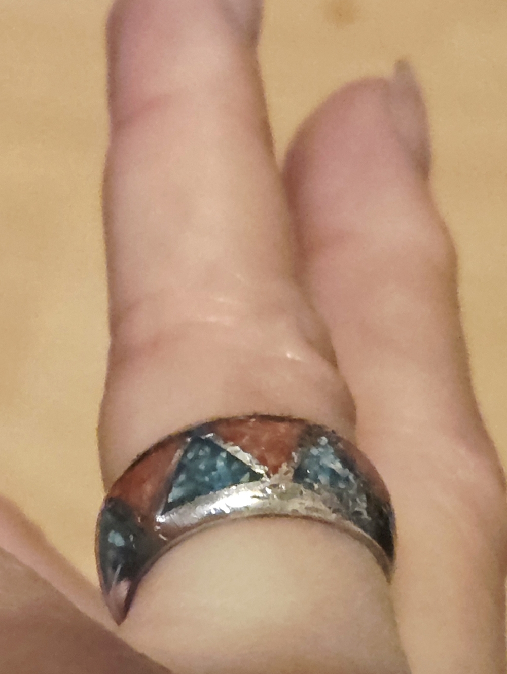 Vintage Native American Navajo Turquoise Coral Inlay Sterling Silver Ring Sz 5